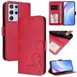 For Samsung Galaxy S21 Ultra 5G Litter Panda Embossing RFID Leather Phone Case with Lanyard(Rose Red)