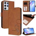 For Samsung Galaxy S21 Ultra 5G Litter Panda Embossing RFID Leather Phone Case with Lanyard(Brown)