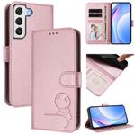 For Samsung Galaxy S22+ 5G Litter Panda Embossing RFID Leather Phone Case with Lanyard(Pink)