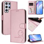 For Samsung Galaxy S22 Ultra 5G Litter Panda Embossing RFID Leather Phone Case with Lanyard(Pink)