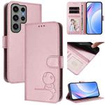 For Samsung Galaxy S23 Ultra 5G Litter Panda Embossing RFID Leather Phone Case with Lanyard(Pink)