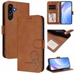 For Samsung Galaxy F16 5G / M16 5G Litter Panda Embossing RFID Leather Phone Case with Lanyard(Brown)