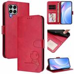 For Samsung Galaxy M33 5G Litter Panda Embossing RFID Leather Phone Case with Lanyard(Rose Red)