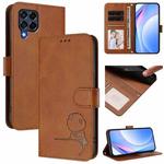 For Samsung Galaxy M53 5G Litter Panda Embossing RFID Leather Phone Case with Lanyard(Brown)