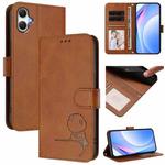 For Samsung Galaxy A05 / M05 / F05 Litter Panda Embossing RFID Leather Phone Case with Lanyard(Brown)