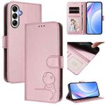 For Samsung Galaxy A25 5G Litter Panda Embossing RFID Leather Phone Case with Lanyard(Pink)