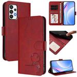 For Samsung Galaxy A73 5G Litter Panda Embossing RFID Leather Phone Case with Lanyard(Wine Red)