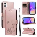 For Samsung Galaxy A07 5G Adorable Cat Embossed Pattern Flip Leather Phone Case(Rose Gold)