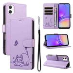 For Samsung Galaxy A07 5G Adorable Cat Embossed Pattern Flip Leather Phone Case(Purple)
