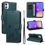 For Samsung Galaxy A07 5G Adorable Cat Embossed Pattern Flip Leather Phone Case(Dark Green)