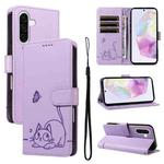 For Samsung Galaxy A56 5G Adorable Cat Embossed Pattern Flip Leather Phone Case(Purple)