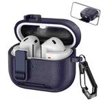 For Samsung Galaxy Buds3 / Buds3 Pro Leather Texture Wireless Earphones Case with Hook & Holder(Dark Blue)