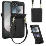 For Samsung Galaxy Z Flip5 Integrated Fold Holder Card Slot Phone Case with Long & Short Lanyard(Black)