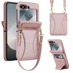 For Samsung Galaxy Z Flip5 Integrated Fold Holder Card Slot Phone Case with Long & Short Lanyard(Rose Gold)