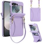 For Samsung Galaxy Z Flip6 / Flip7 FE Integrated Fold Holder Card Slot Phone Case with Long & Short Lanyard(Purple)