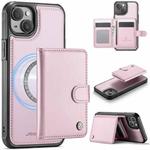 For iPhone 15 Plus / 14 Plus JEEHOOD J09 Buckle Card Bag MagSafe Magnetic Style RFID Leather Phone Case(Pink)