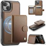 For iPhone 15 Plus / 14 Plus JEEHOOD J09 Buckle Card Bag MagSafe Magnetic Style RFID Leather Phone Case(Brown)