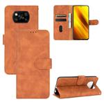 For Xiaomi Poco X3 NFC Solid Color Skin Feel Magnetic Buckle Horizontal Flip Calf Texture PU Leather Case with Holder & Card Slots & Wallet(Brown)