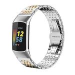 For Fitbit Charge 6 / 5 18mm xDfind Seven-bead Solid Stainless Steel Watch Band(Silver Gold)