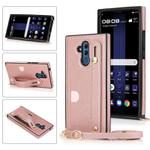 For Huawei Mate 20 Lite Wrist Strap PU+TPU Shockproof Protective Case with Crossbody Lanyard & Holder & Card Slot(Rose Gold)