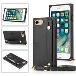 For iPhone 7 / 8 / SE 2020 Wrist Strap PU+TPU Shockproof Protective Case with Crossbody Lanyard & Holder & Card Slot(Black)