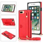 For iPhone 8 Plus / 7 Plus Wrist Strap PU+TPU Shockproof Protective Case with Crossbody Lanyard & Holder & Card Slot(Red)