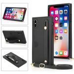 For iPhone X / XS Wrist Strap PU+TPU Shockproof Protective Case with Crossbody Lanyard & Holder & Card Slot(Black)