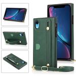For iPhone XR Wrist Strap PU+TPU Shockproof Protective Case with Crossbody Lanyard & Holder & Card Slot(Green)