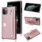 For iPhone 11 Pro Wrist Strap PU+TPU Shockproof Protective Case with Crossbody Lanyard & Holder & Card Slot(Rose Gold)