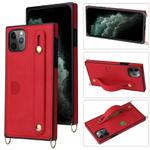 For iPhone 11 Pro Max Wrist Strap PU+TPU Shockproof Protective Case with Crossbody Lanyard & Holder & Card Slot(Red)