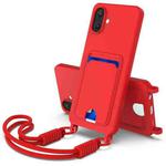 For Samsung Galaxy A07 5G Integrated Card Bag Solid Color Liquid Silicone Phone Case Gen2 with Short Lanyard(Red)