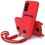 For Samsung Galaxy A26 5G Integrated Card Bag Solid Color Liquid Silicone Phone Case Gen2 with Short Lanyard(Red)