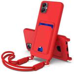 For Samsung Galaxy A05 / M05 / F05 4G Integrated Card Bag Solid Color Liquid Silicone Phone Case Gen2 with Short Lanyard(Red)