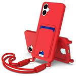 For Samsung Galaxy A06 4G Integrated Card Bag Solid Color Liquid Silicone Phone Case Gen2 with Short Lanyard(Red)