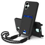 For Samsung Galaxy A06 5G Integrated Card Bag Solid Color Liquid Silicone Phone Case Gen2 with Short Lanyard(Black)
