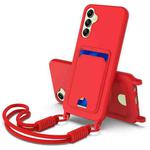 For Samsung Galaxy A14 4G / 5G Integrated Card Bag Solid Color Liquid Silicone Phone Case Gen2 with Short Lanyard(Red)