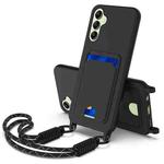 For Samsung Galaxy A14 4G / 5G Integrated Card Bag Solid Color Liquid Silicone Phone Case Gen2 with Short Lanyard(Black)