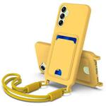 For Samsung Galaxy A14 4G / 5G Integrated Card Bag Solid Color Liquid Silicone Phone Case Gen2 with Short Lanyard(Yellow)