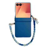 For Samsung Galaxy Z Flip7 5G Integrated Hinge Side Buckle Skin Feel PC Phone Case with Strap(Light Blue Navy)