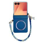 For Samsung Galaxy Z Flip7 5G Integrated Hinge Side Buckle MagSafe Skin Feel PC Phone Case with Strap(Light Blue Navy)