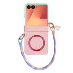 For Samsung Galaxy Z Flip7 5G Integrated Hinge Side Buckle MagSafe Skin Feel PC Phone Case with Strap(Gradient Blue Pink)