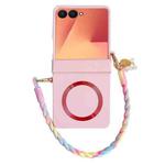For Samsung Galaxy Z Flip7 5G Integrated Hinge Side Buckle MagSafe Skin Feel PC Phone Case with Strap(Pink)