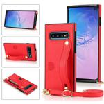 For Samsung Galaxy S10e Wrist Strap PU+TPU Shockproof Protective Case with Crossbody Lanyard & Holder & Card Slot(Red)