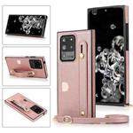 For Samsung Galaxy S20 Ultra Wrist Strap PU+TPU Shockproof Protective Case with Crossbody Lanyard & Holder & Card Slot(Rose Gold)