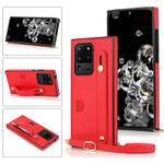 For Samsung Galaxy S20 Ultra Wrist Strap PU+TPU Shockproof Protective Case with Crossbody Lanyard & Holder & Card Slot(Red)