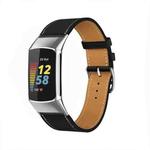 For Fitbit Charge 6 / 5 Cowhide Leather Watch Band(Black White Line)