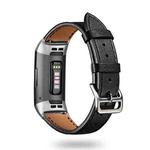 For Fitbit Charge 6 / 5 Cowhide Leather Watch Band(Black Black Line)