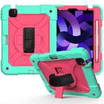For iPad Air 2022 / 2020 10.9 / Air 2022 Shockproof PC + Silicone Combination Case with Holder & Hand Strap & Shoulder Strap(Mint Green + Rose Red)