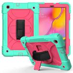 For Samsung Galaxy Tab A 10.1 (2019) T510/T515 Shockproof PC + Silicone Combination Case with Holder & Hand Strap & Shoulder Strap(Mint Green + Rose Red)