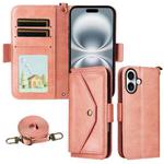 For iPhone 16 Multi-card Slots Crossbody Cowhide Leather Phone Case(Pink)